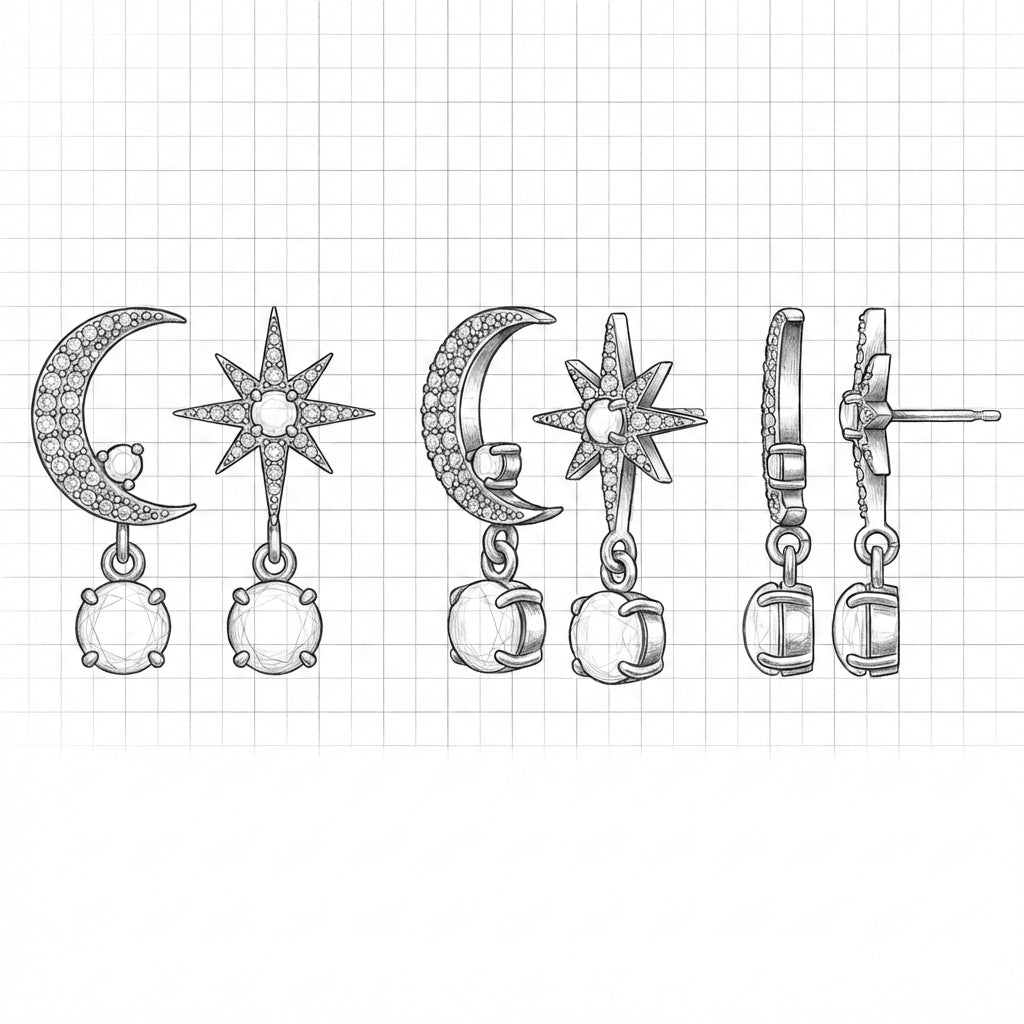 Moon and Star Earrings made of Gold and Opal