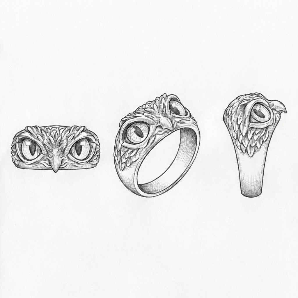 Owl of Good Luck Adjustable Ring in Silver and Opal