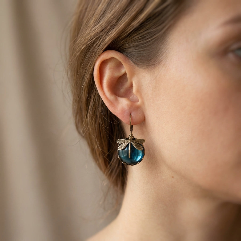Spherical Dragonfly Earrings in Antique Gold