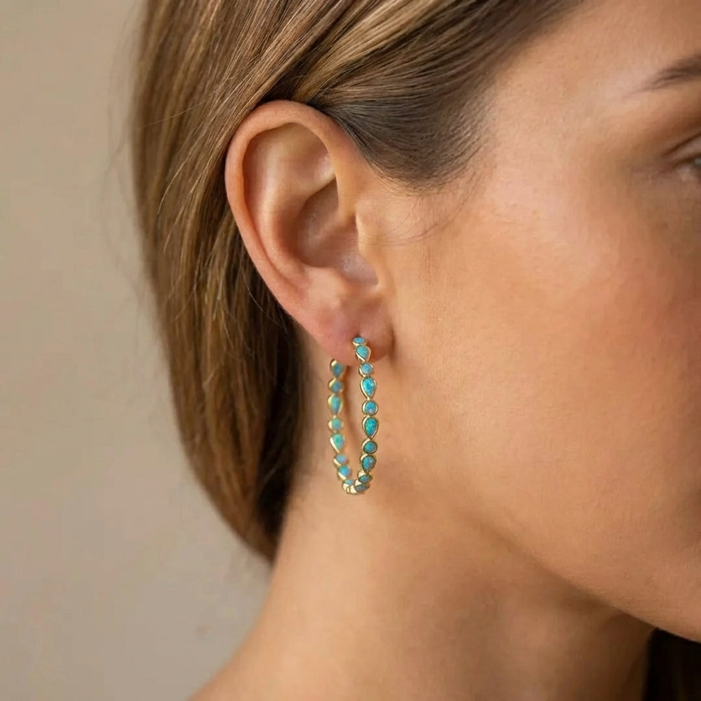 Vintage Blue Opal Gold Earrings