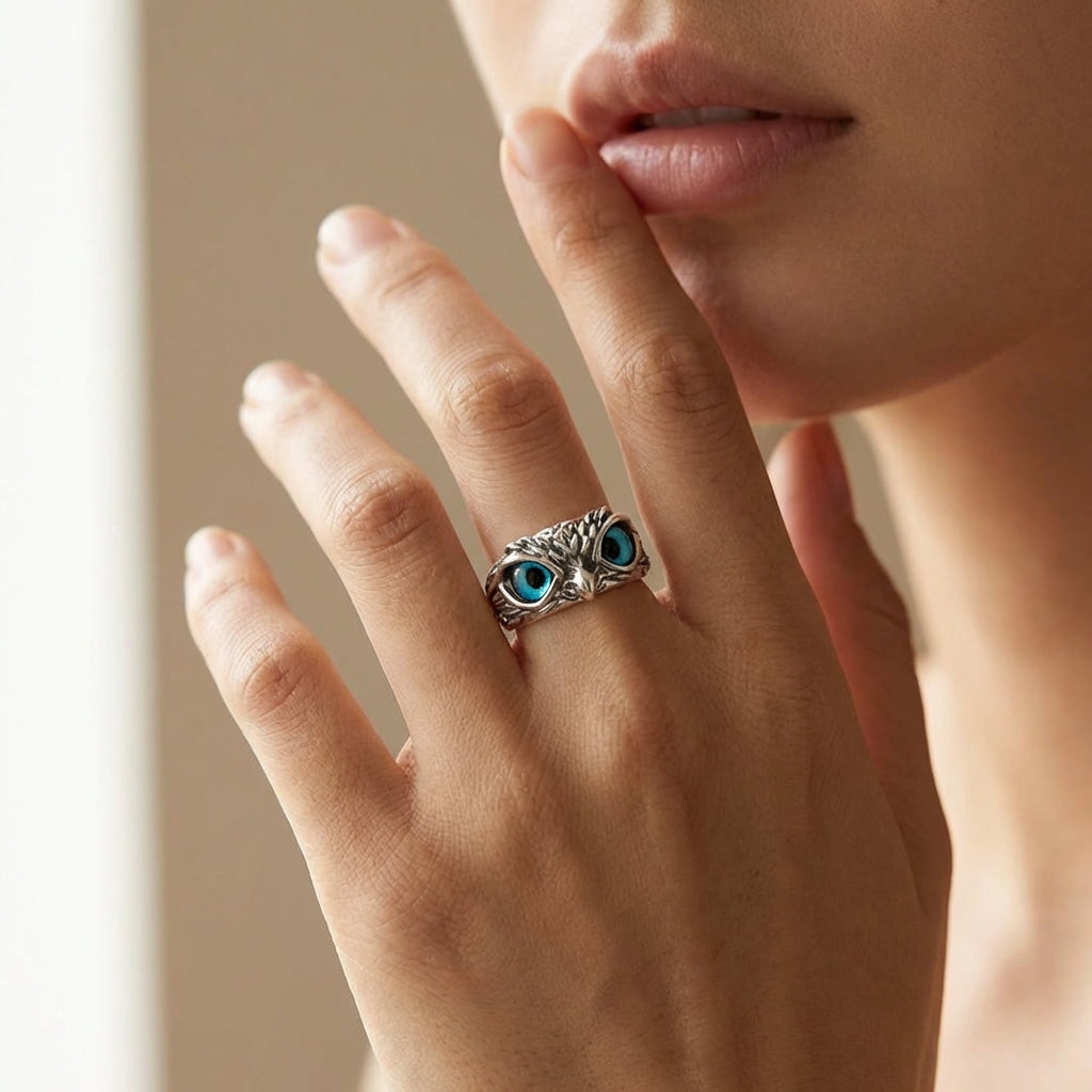 Owl of Good Luck Adjustable Ring in Silver and Opal