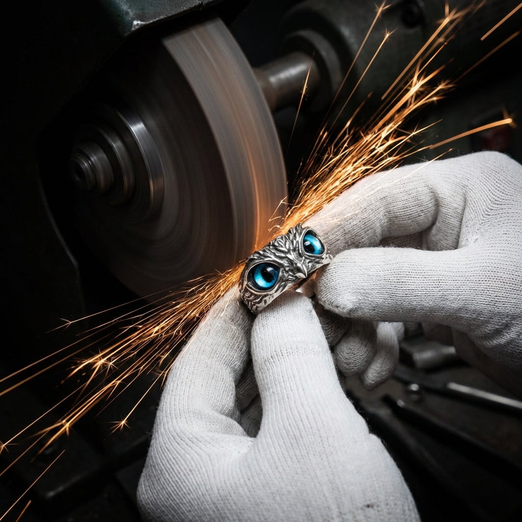 Owl of Good Luck Adjustable Ring in Silver and Opal