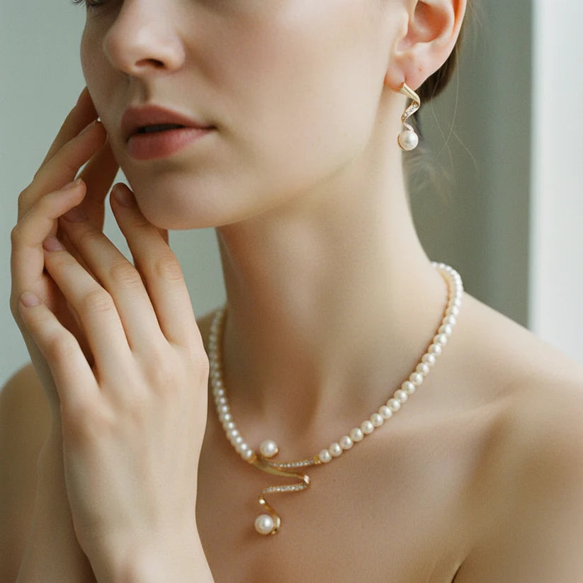 Natural Pearl Necklace + Earrings Set