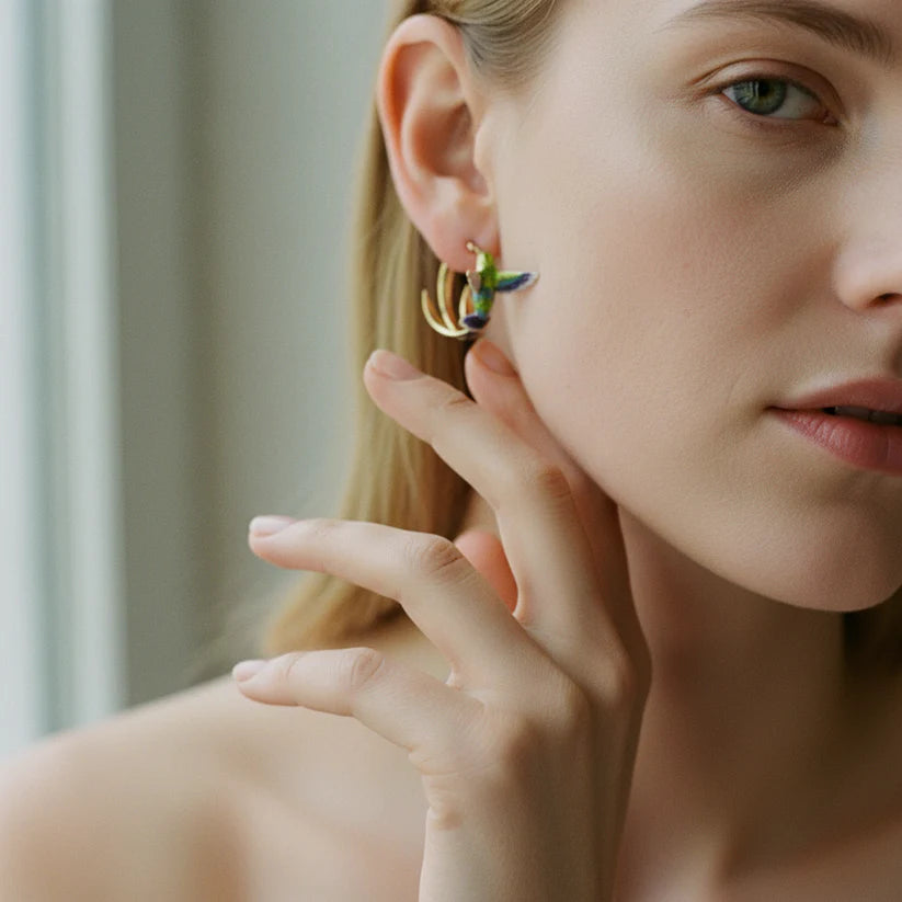 Vintage Enamel Hummingbird Hoop Earrings